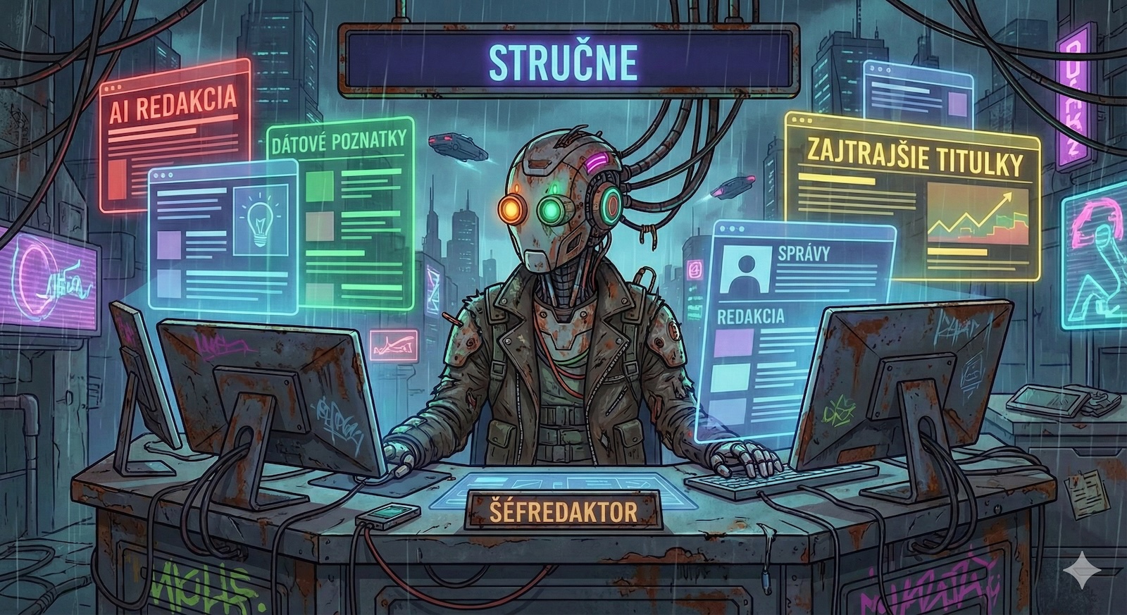 Šéfredaktor AI editor pracujúci v cyberpunk kancelárii