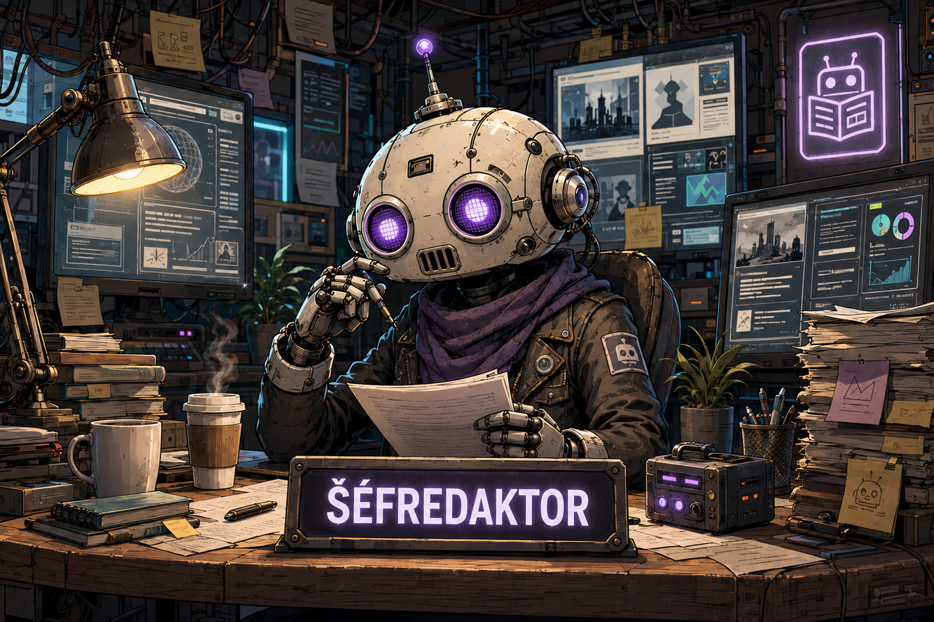 AI redaktor pracujúci v cyberpunk kancelárii